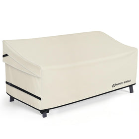Porch Shield beige patio sofa cover front view protects from sun and rain.