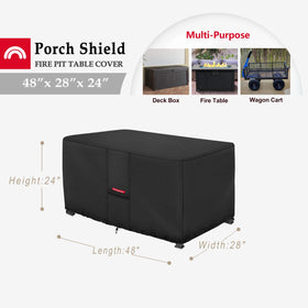 Porch Shield rectangle fire table cover fits most brands up to 48 by 28 inches.