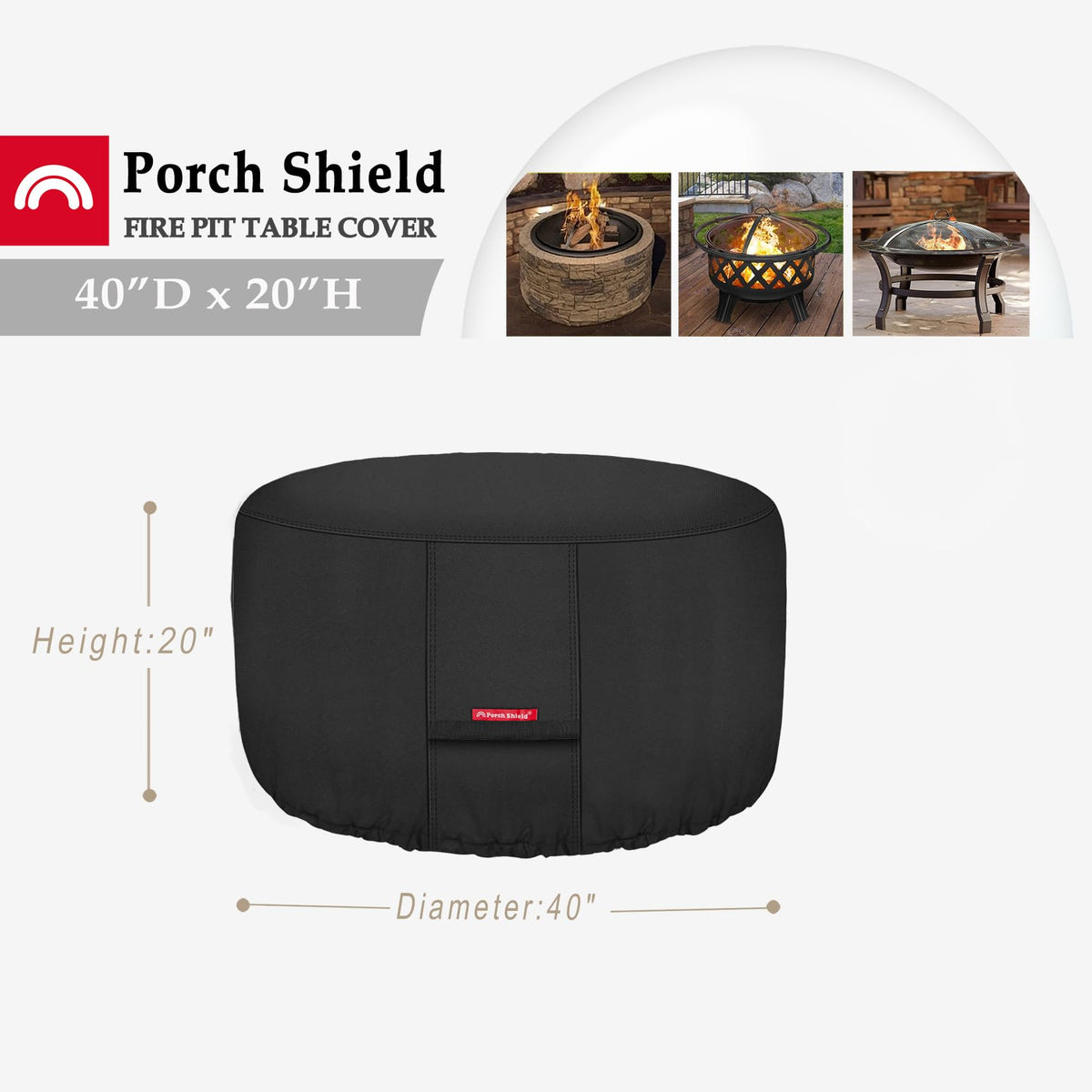 Porch Shield waterproof 600D round fire pit cover shields moisture from outdoor conditions.