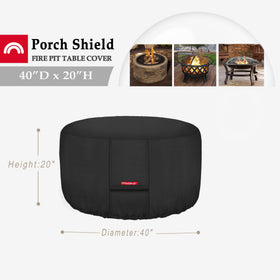 Porch Shield waterproof 600D round fire pit cover shields moisture from outdoor conditions.