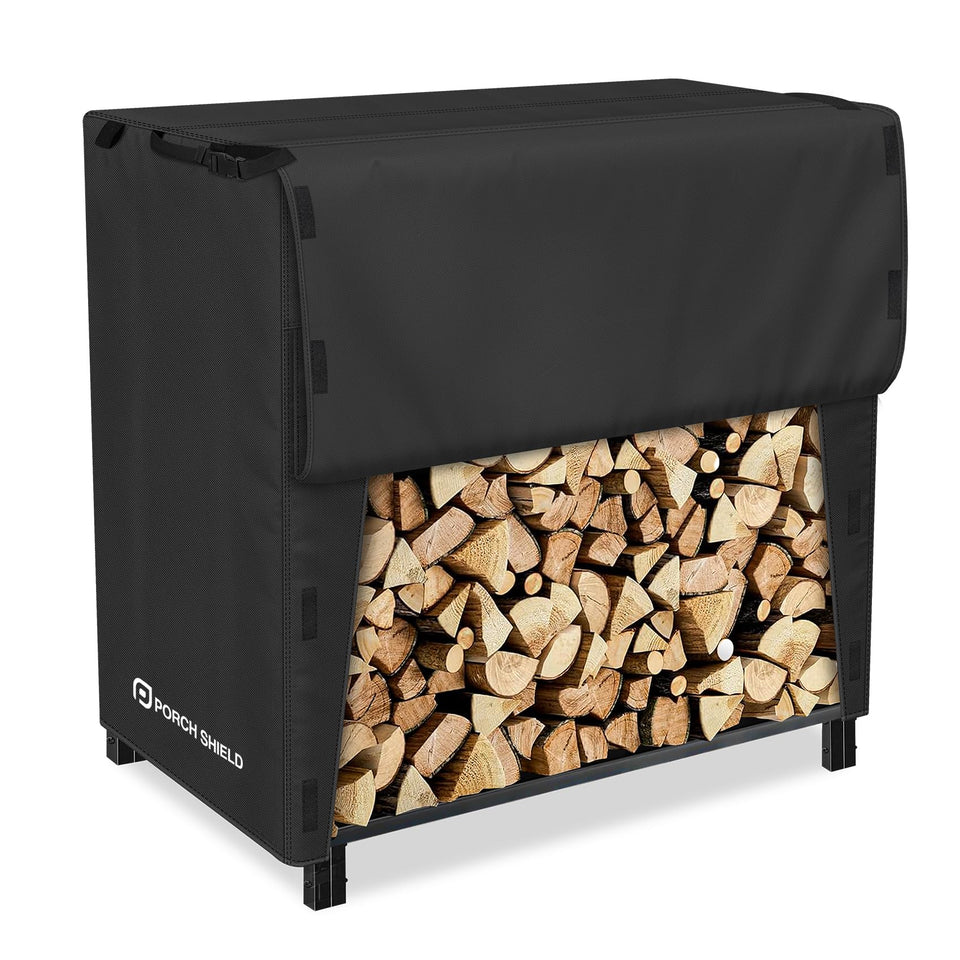Porch Shield waterproof firewood cover front view protecting a 4ft rack