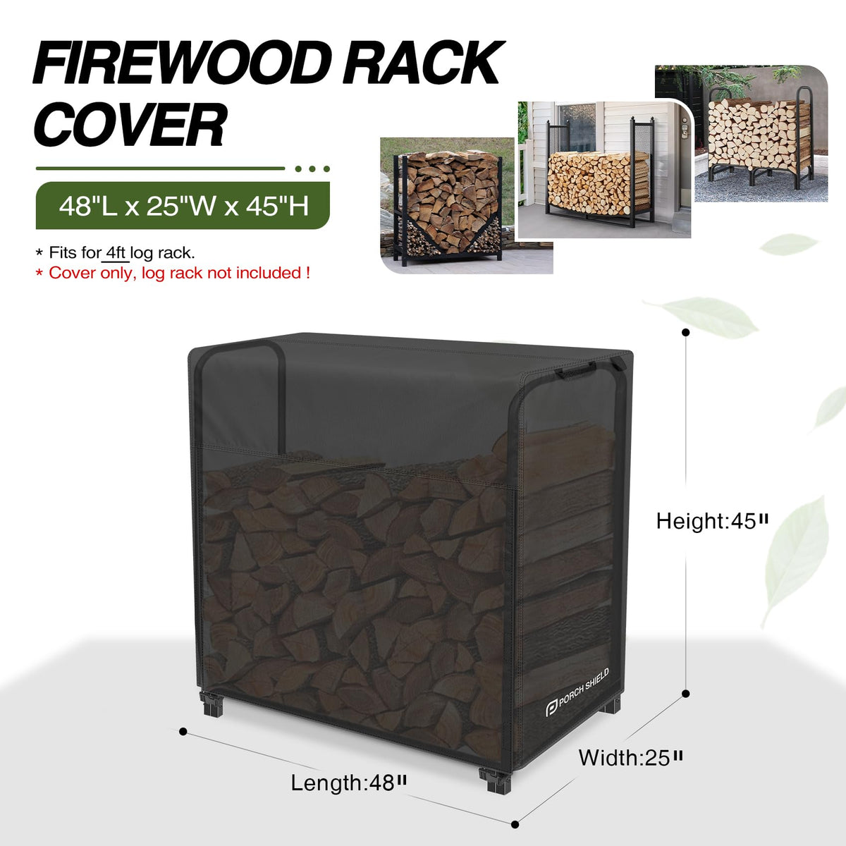 Porch Shield waterproof firewood cover side view in outdoor setting