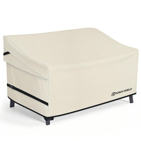 Porch Shield waterproof bench cover front view protecting beige furniture from rain and sun