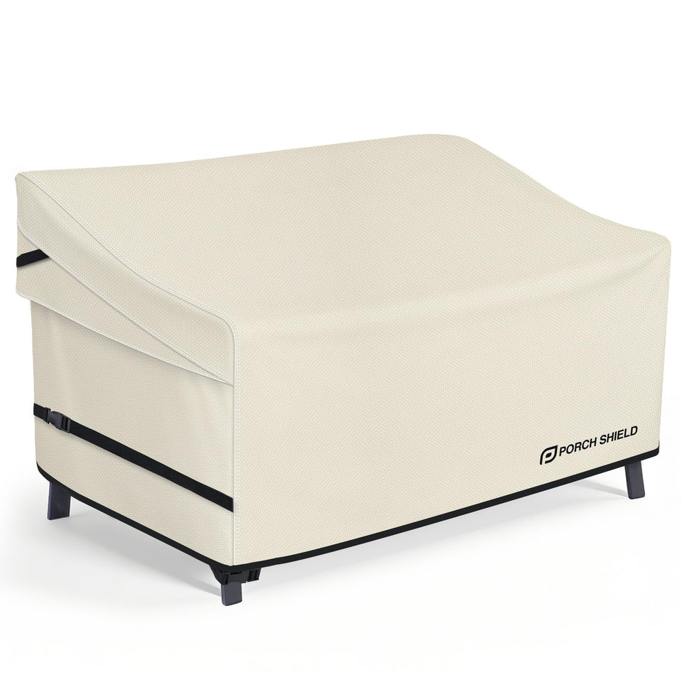Porch Shield waterproof bench cover front view protecting beige furniture from rain and sun
