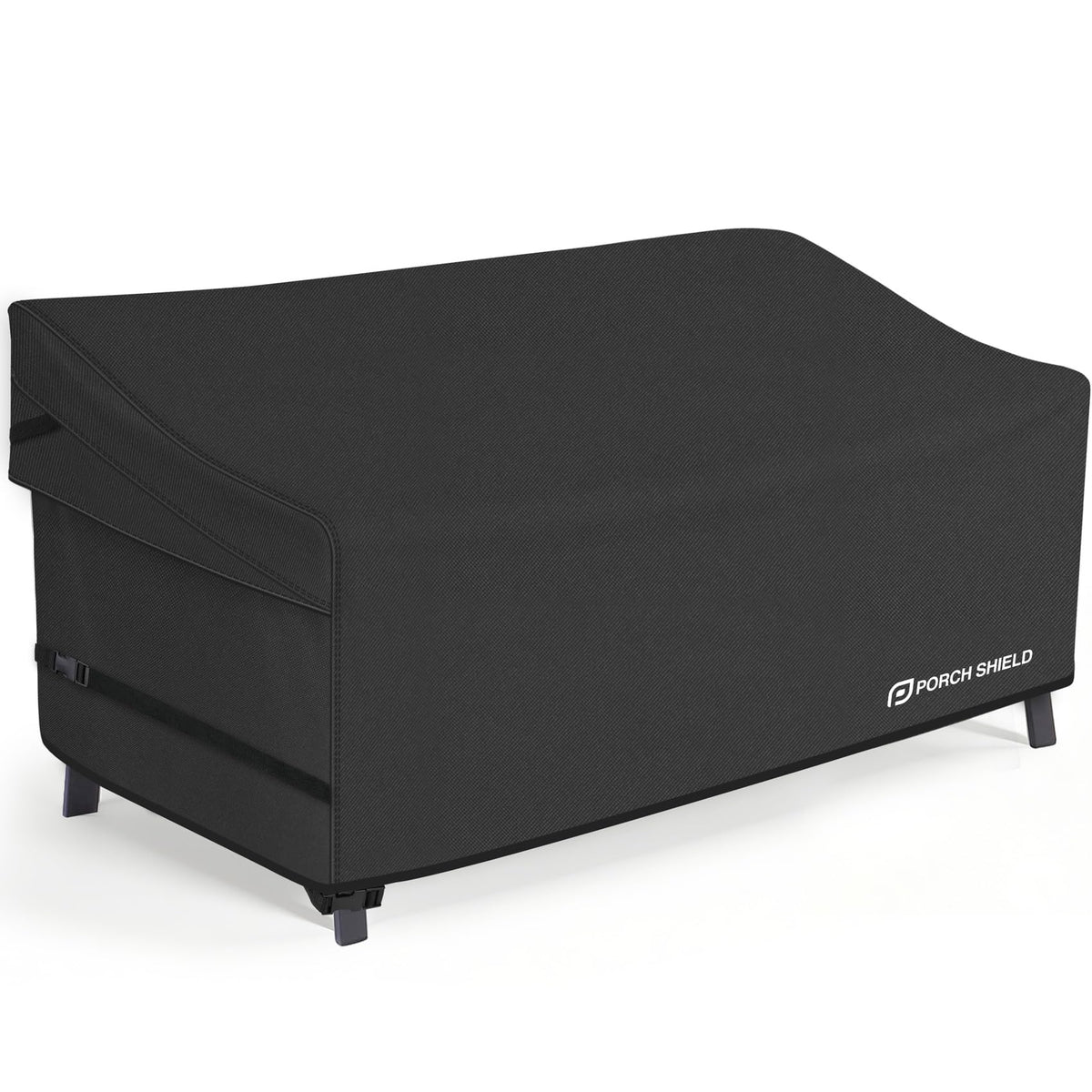 Porch Shield waterproof outdoor sofa cover on a 3-seat couch protecting from rain and sun.