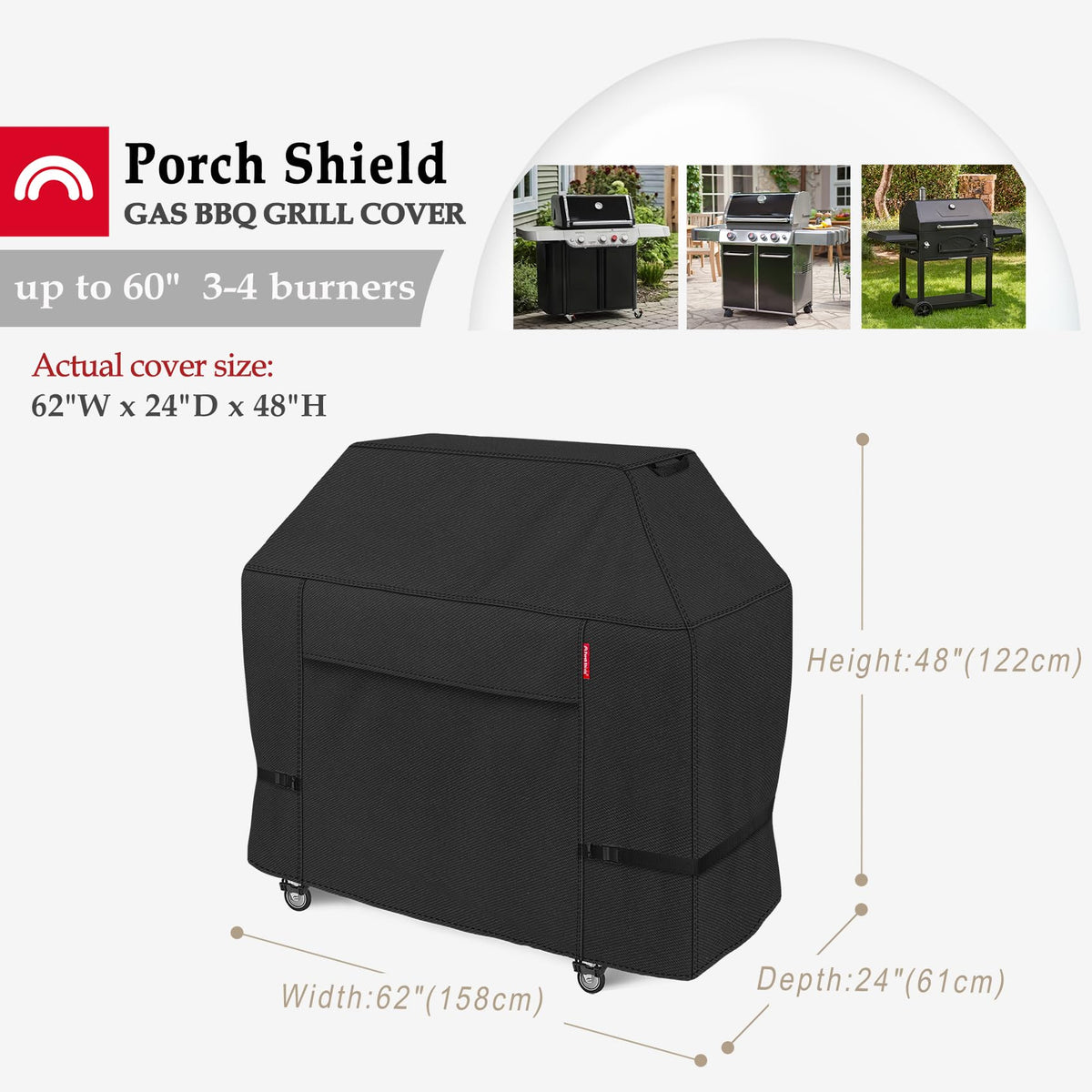 Porch Shield weatherproof 600D fabric protects the grill from rain and sun.
