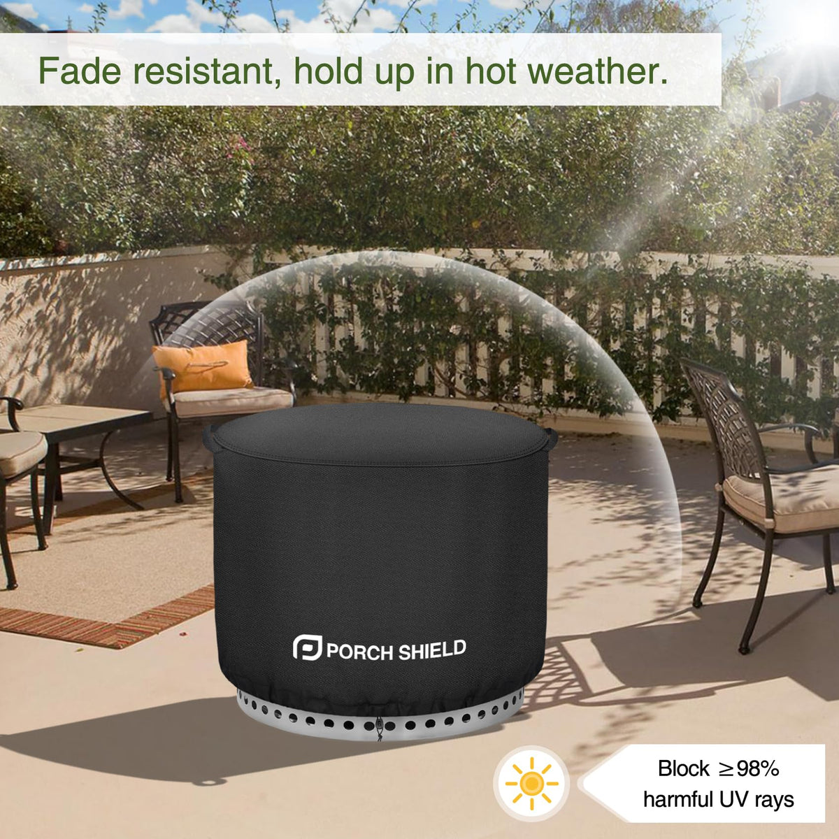 Porch Shield Yukon cover uses elastic hem cord for snug fit.