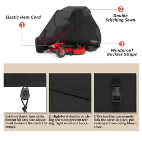 Porch Shield zero-turn mower cover with elastic hem for snug wind-resistant fit