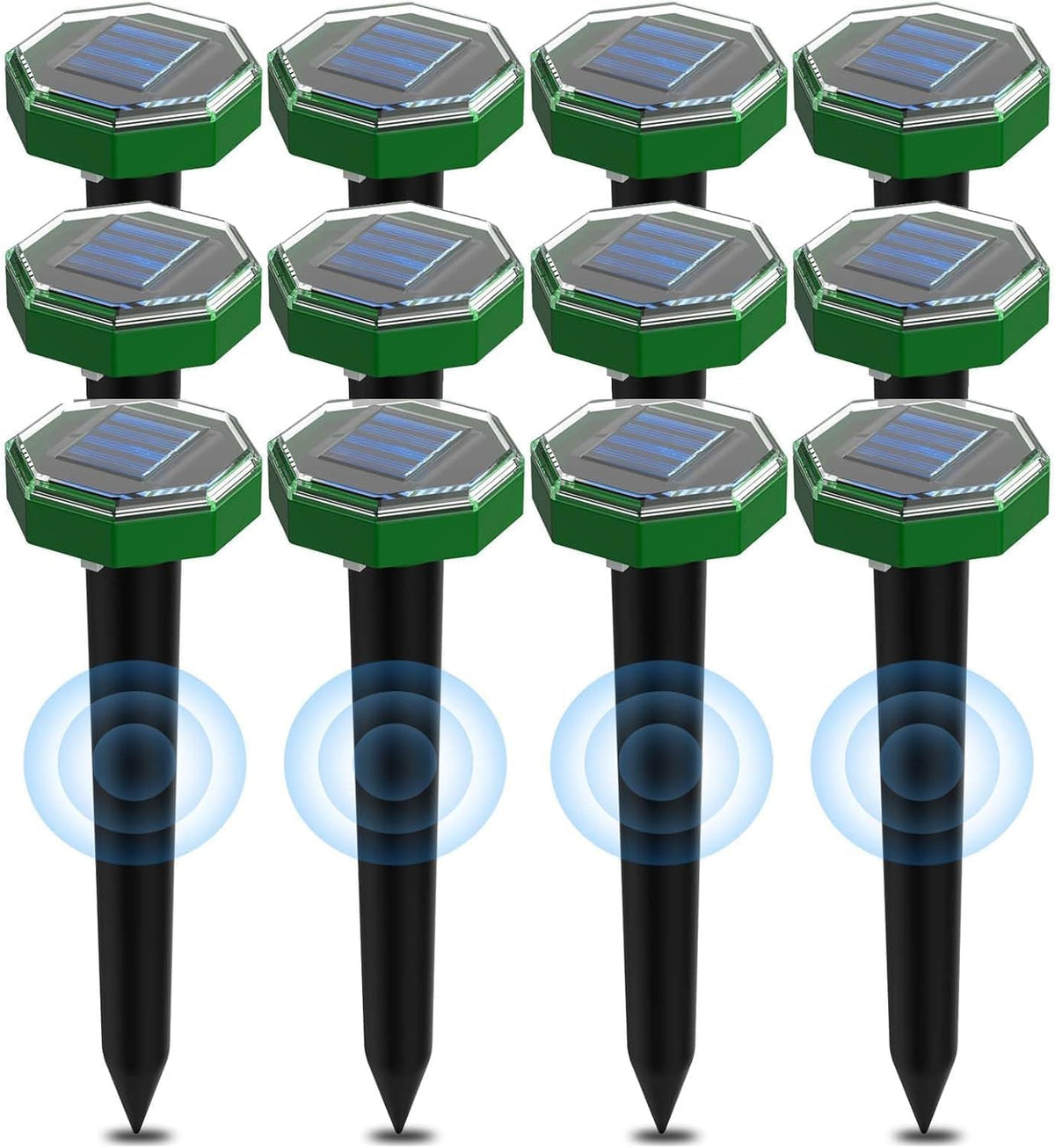 Porfisei mole repellent solar-powered 12-pack unit in sunny yard deters moles effectively.