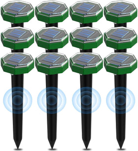 Porfisei mole repellent solar-powered 12-pack unit in sunny yard deters moles effectively.