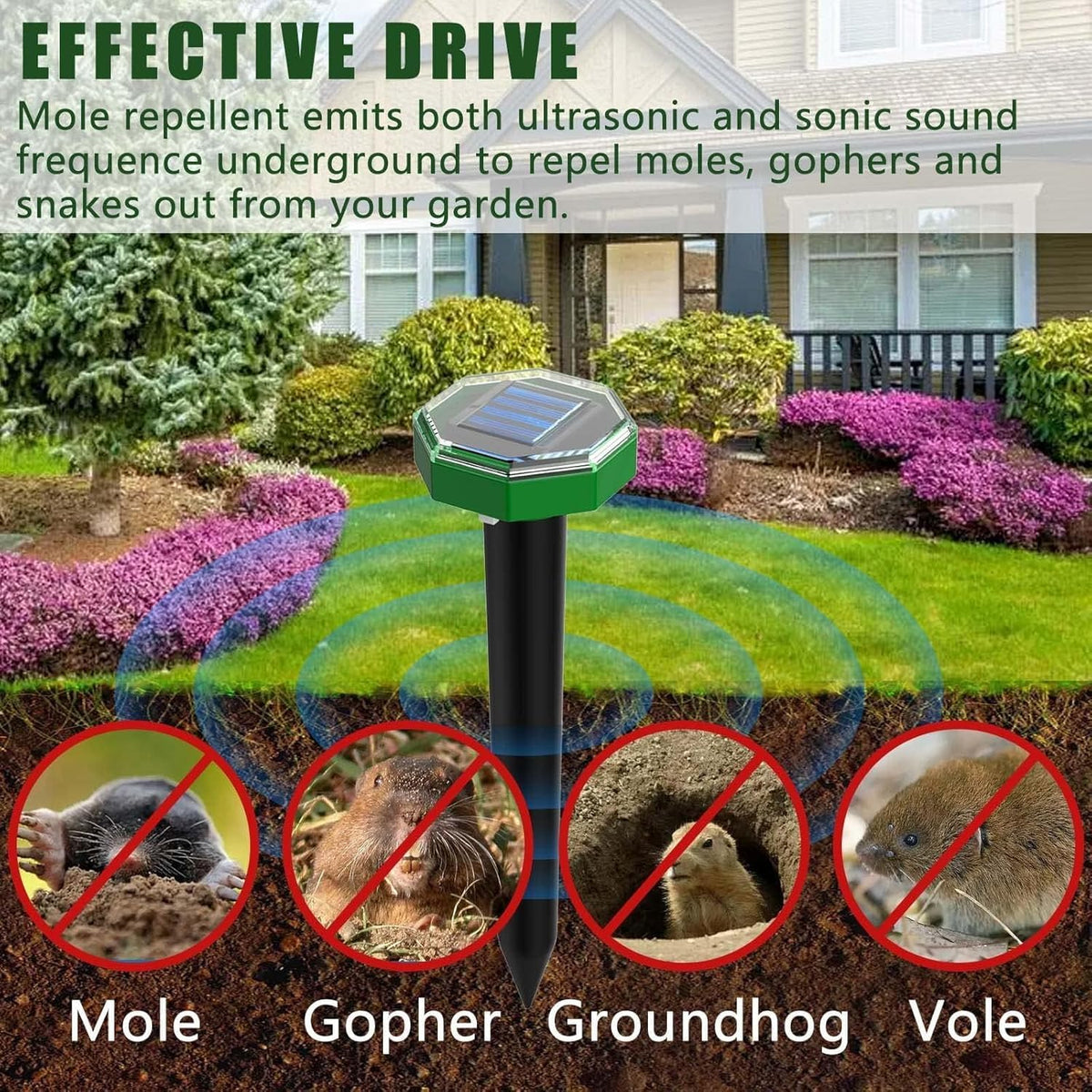 Porfisei solar panel mole repellent provides continuous operation from sun power.