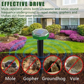Porfisei solar panel mole repellent provides continuous operation from sun power.