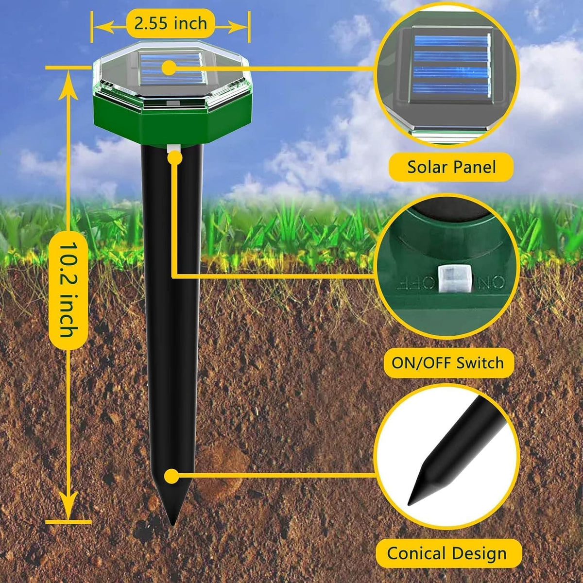 Porfisei ultrasonic mole deterrent outdoor protects garden beds with vibration signals.