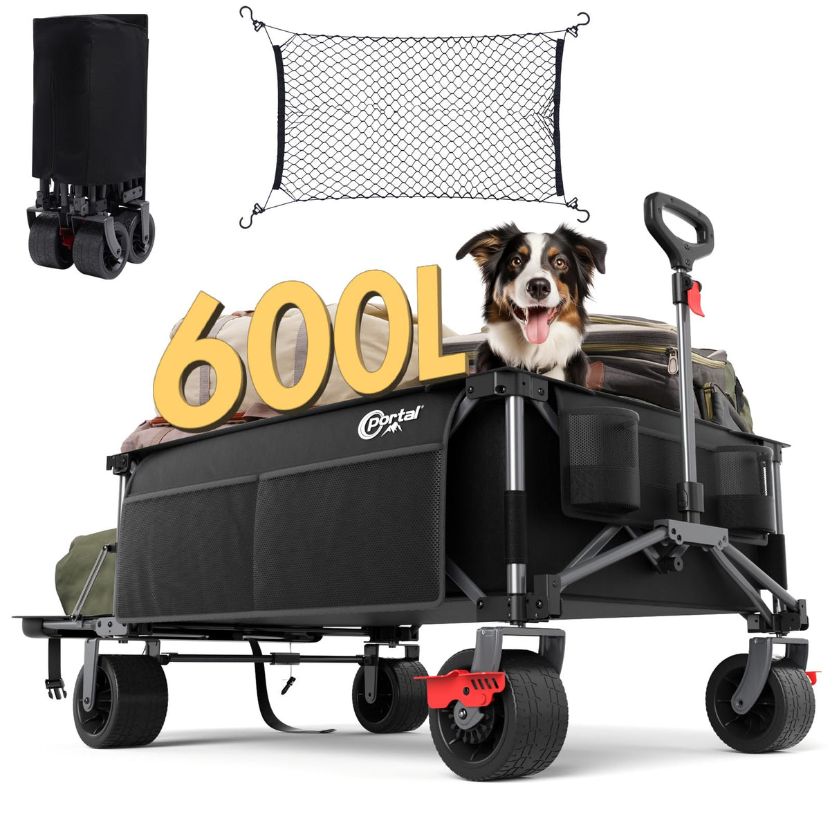Portal wagon front view highlighting the 600L cargo space for gear.