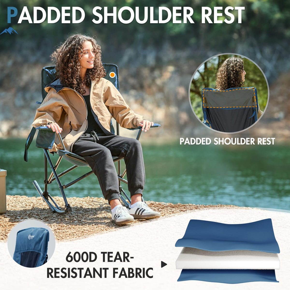 Portal Outdoor Rocking Chair showing side pocket and cup holder for essentials