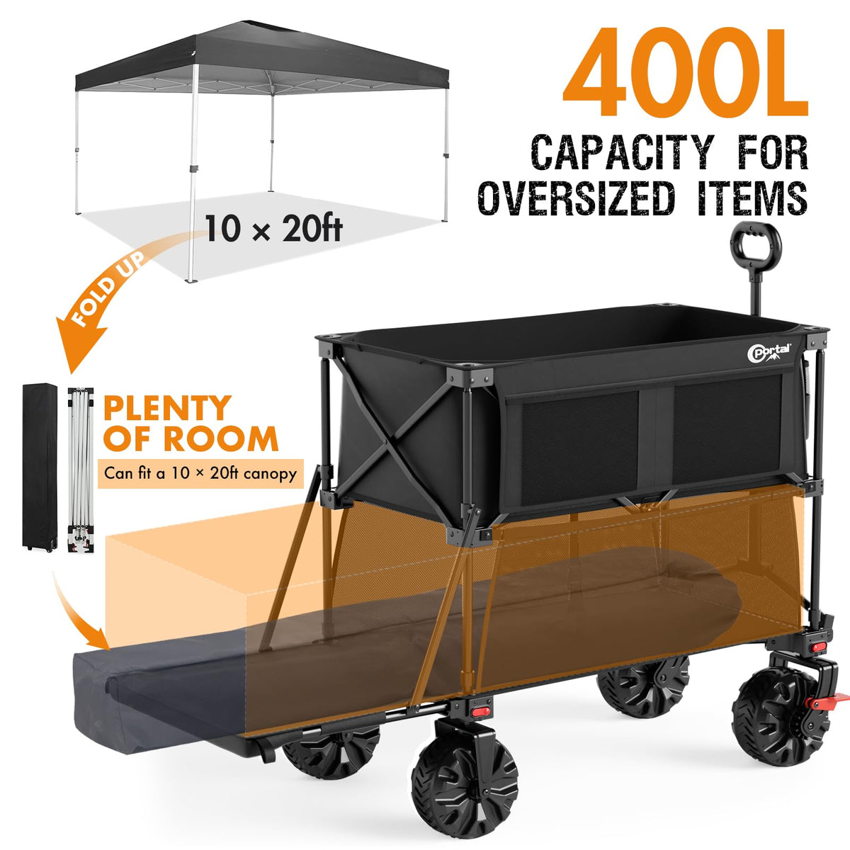 Portal wagon with brakes and 360-degree steering for stability on varied terrain