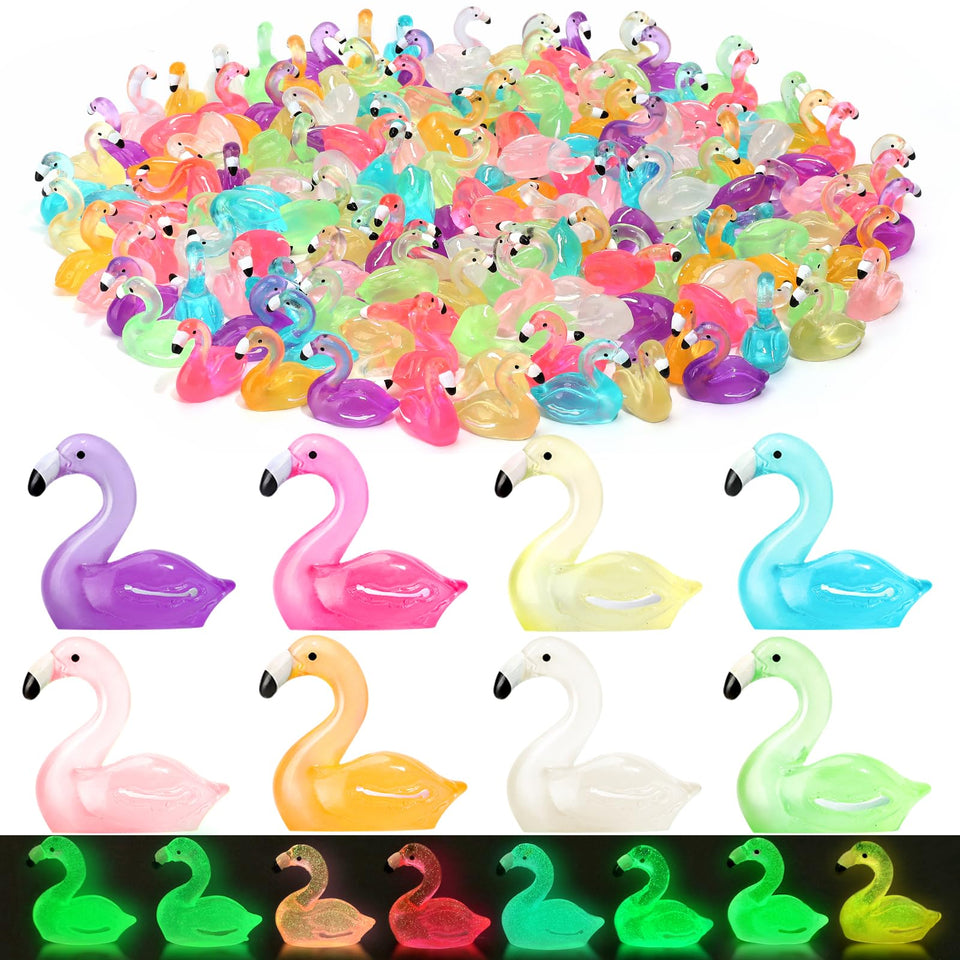 PoseablePals luminous flamingos in 8 colors brighten fairy garden scenes at dusk.