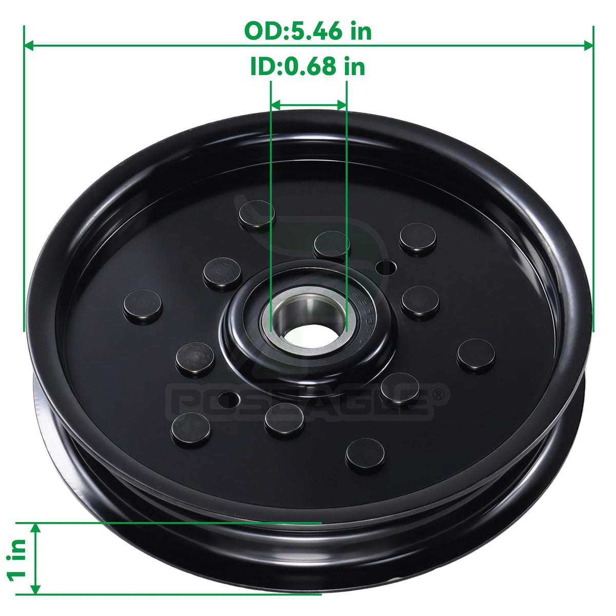 POSEAGLE AUC16698 idler pulley dimensions: OD 5.46 in, ID 0.68 in.
