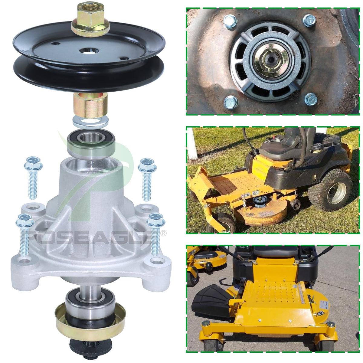 Poseagle deck compatibility chart image showing broad fit for Hustler Raptor 52-inch decks.