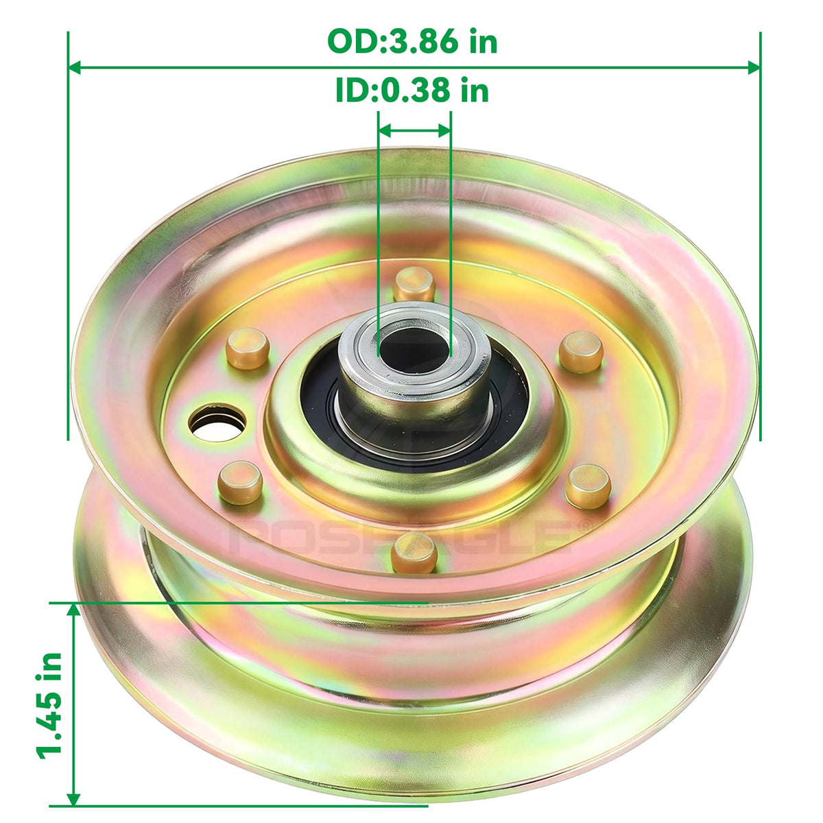 POSEAGLE idler pulley closeup; polished steel surface for durable operation.