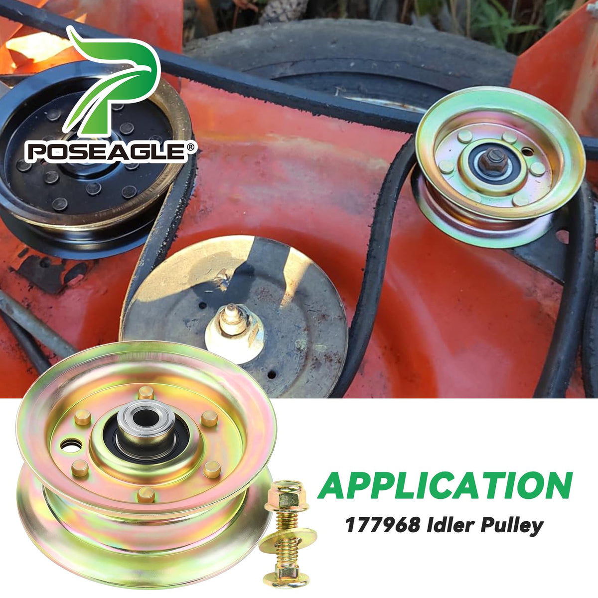 POSEAGLE installed on mower; helps maintain belt alignment during cutting.