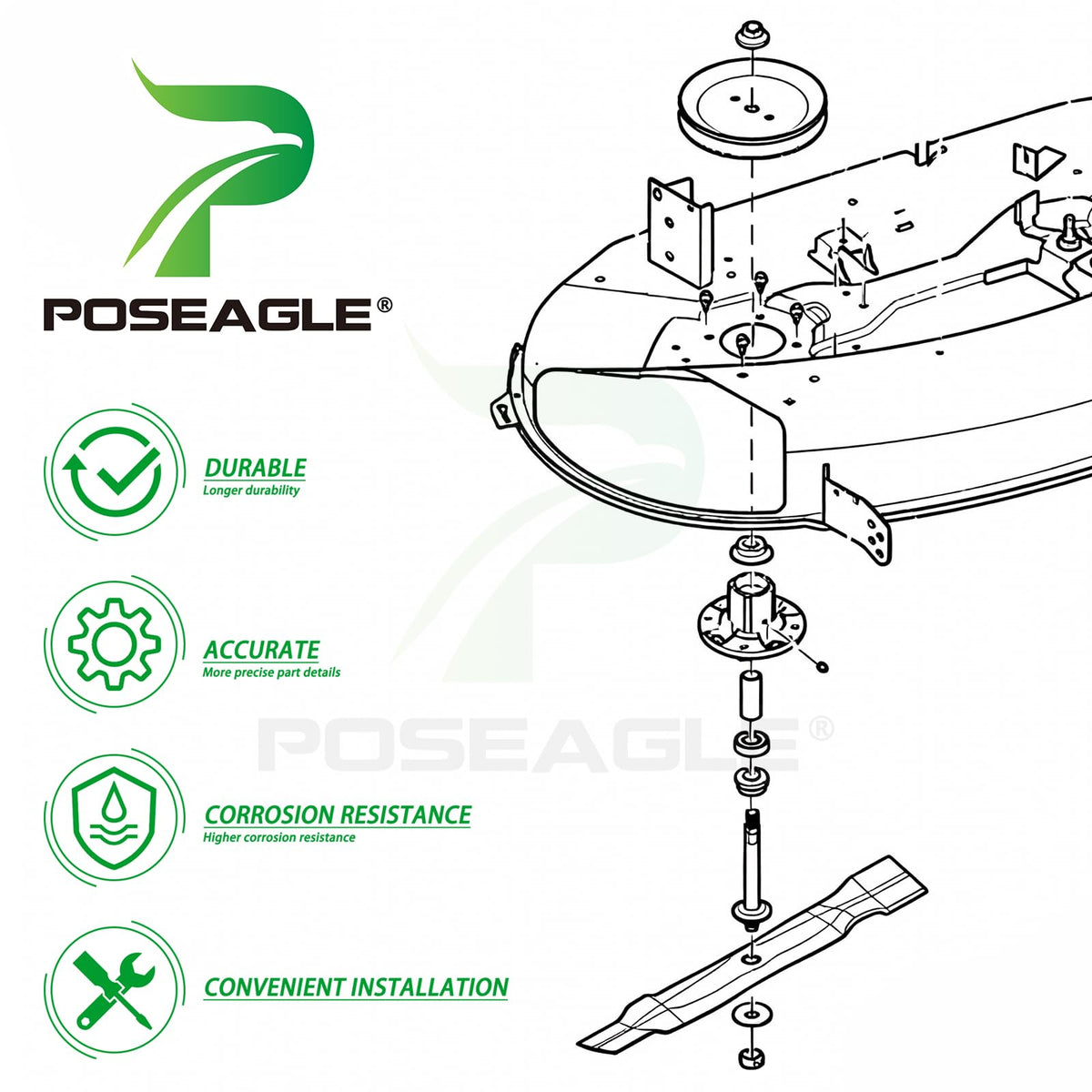 POSEAGLE installation-ready kit image implies straightforward replacement for improved mowing.