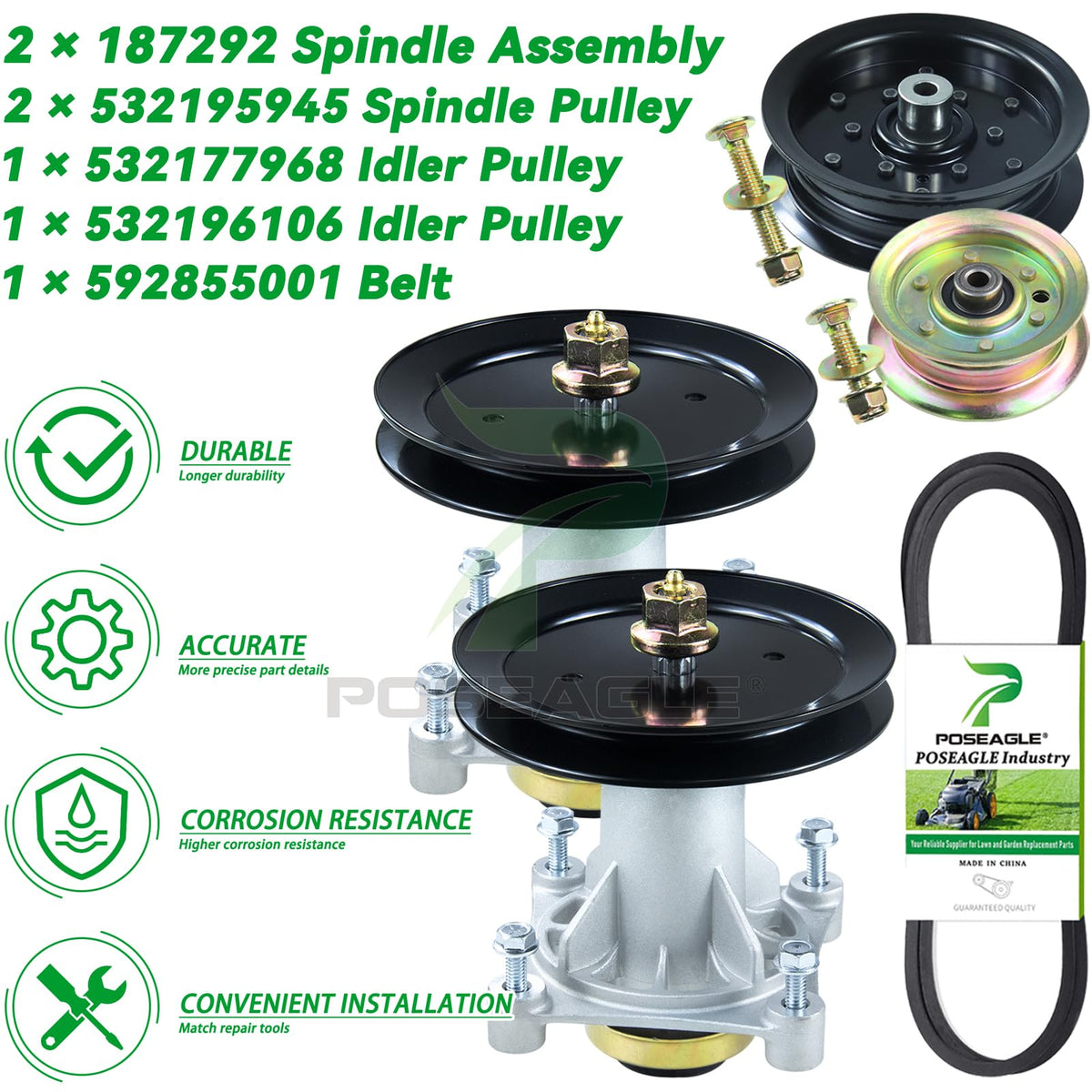 POSEAGLE packaged set with spindle, pulley and belt for easy replacement
