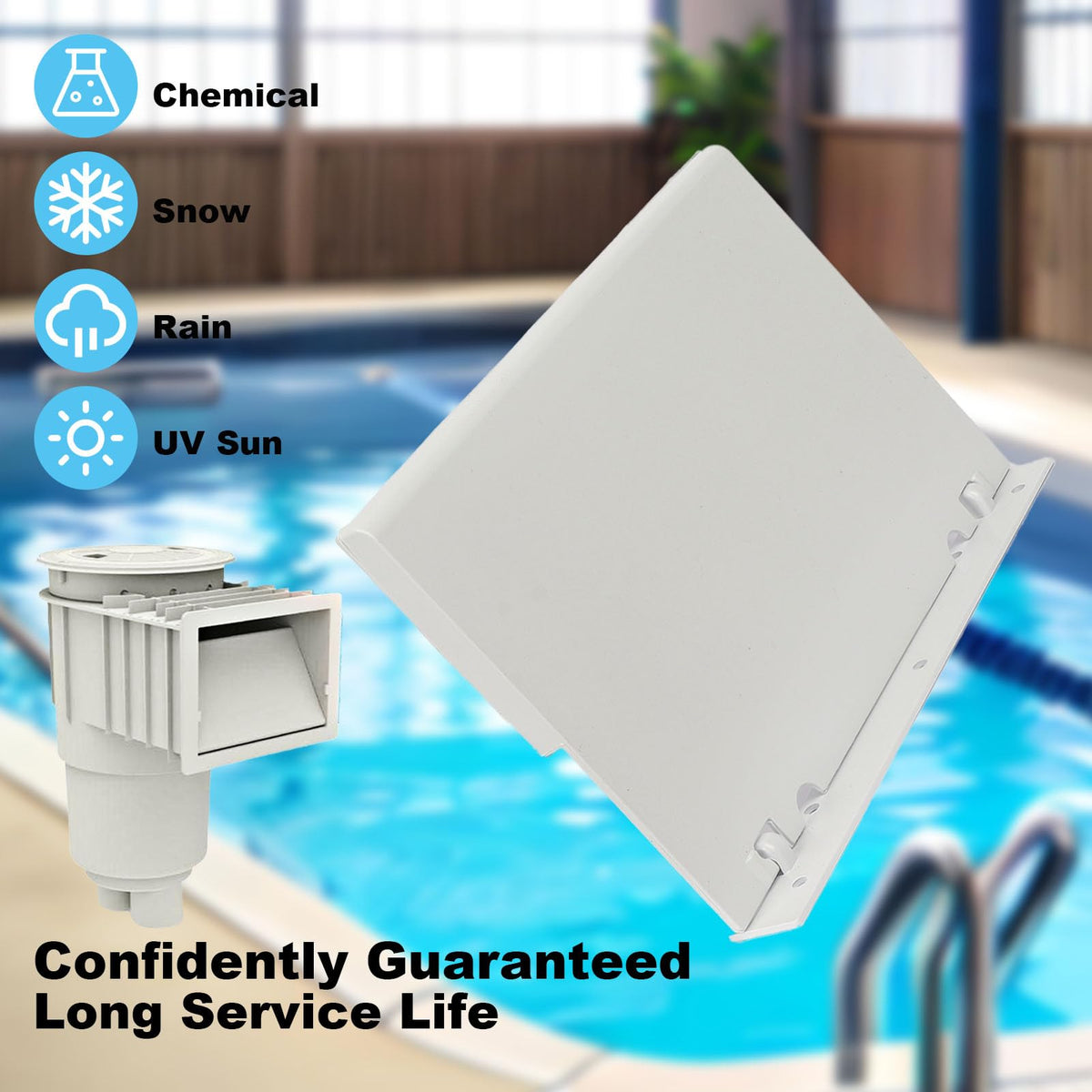 Durable ABS plastic resists fading and cracking in outdoor pool environments.
