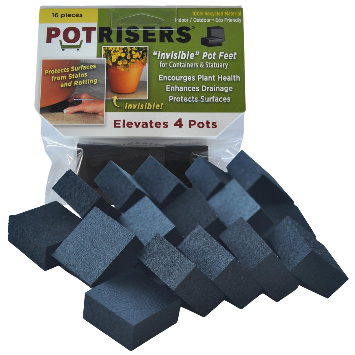 POTRISERS invisible pot feet lift planters for drainage and surface protection.