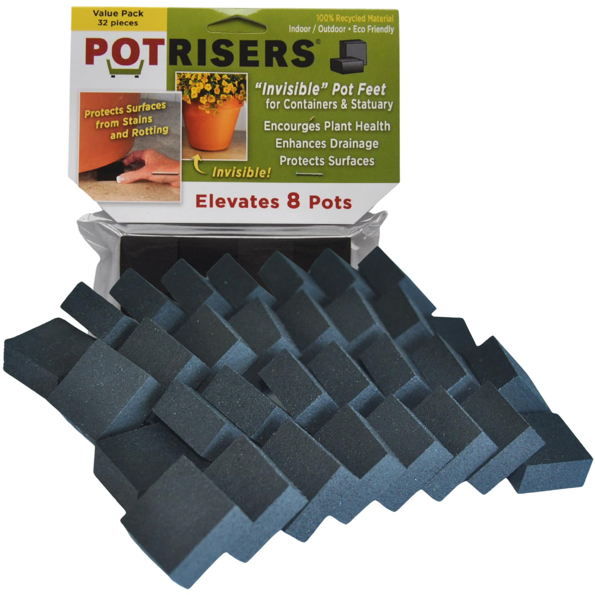 Potrisers invisible pot feet elevate planters while protecting surfaces and improving drainage.
