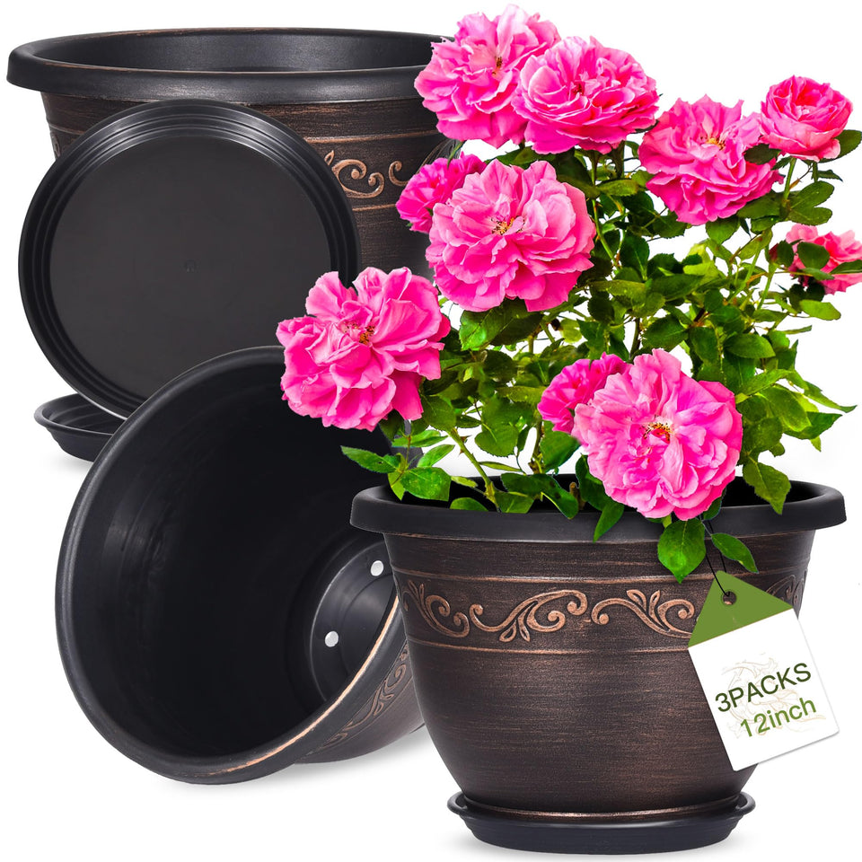 Pottiffe 12-inch planter with saucer displayed on a wooden table for indoor display