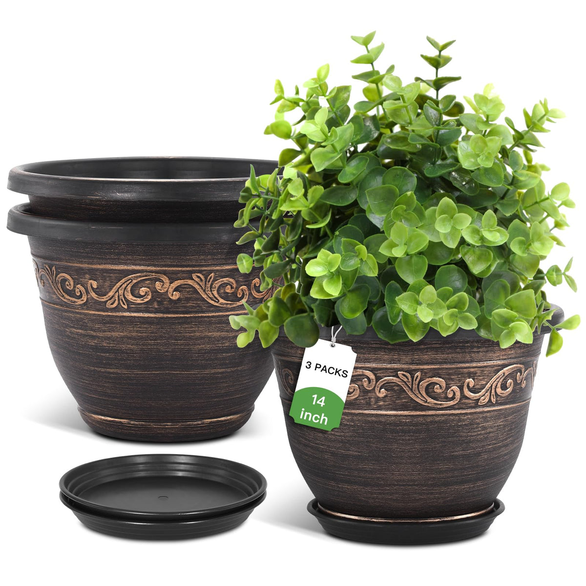 Pottiffe 14-inch planter front view with durable resin and Art Deco detailing.
