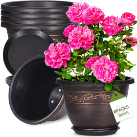 Pottiffe 8-inch plastic planter with drainage hole and saucer for easy watering