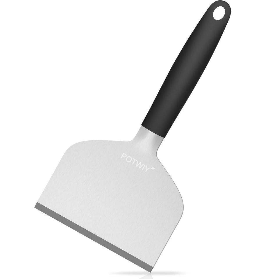 POTWIY heavy-duty griddle scraper, 5.3-inch wide, for efficient residue removal on flat tops.