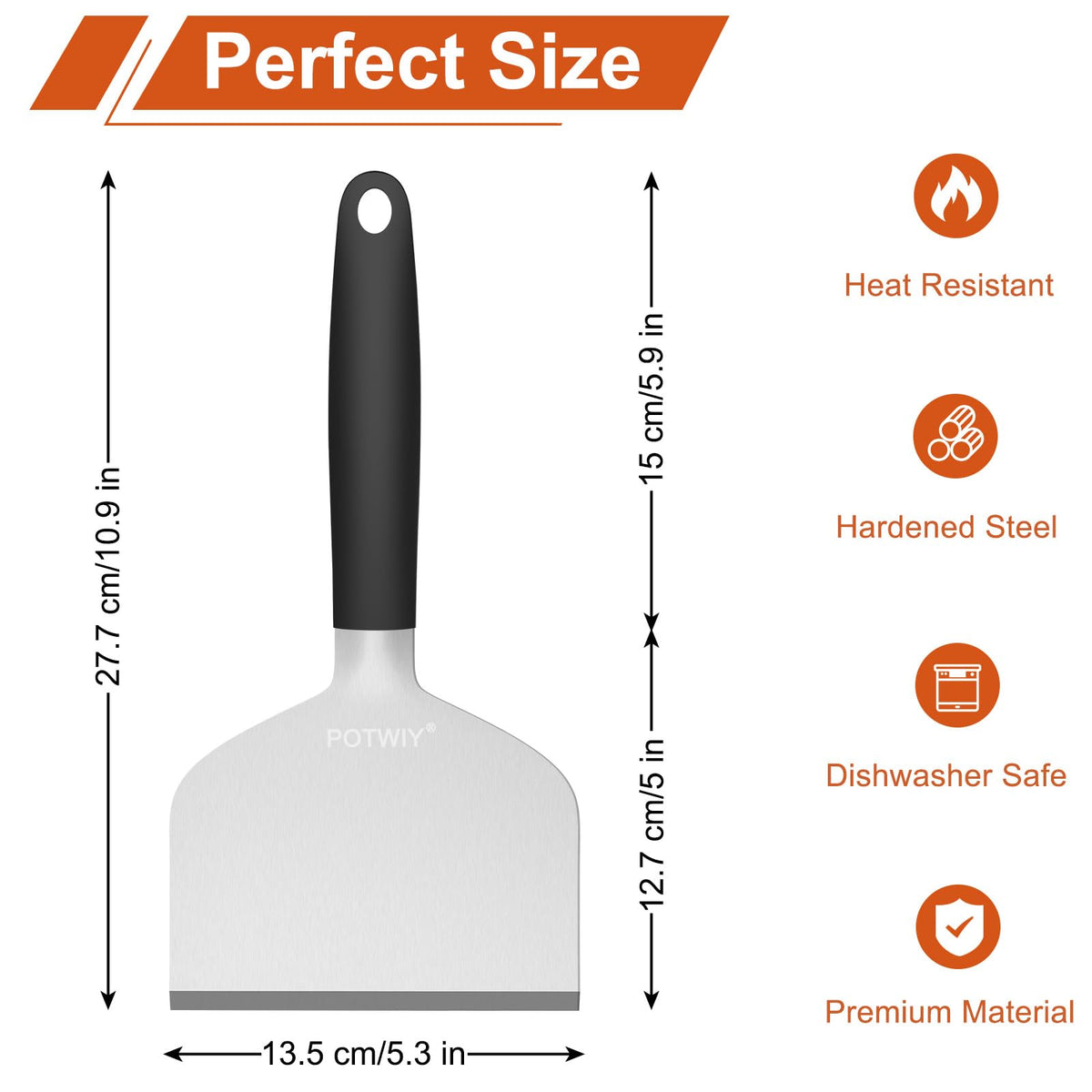 POTWIY silicone handle full-tang design provides secure grip and heat resistance.