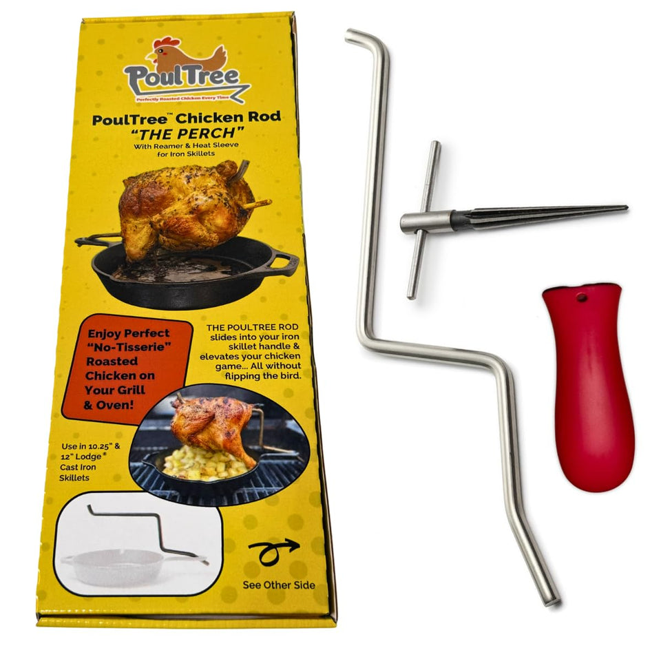 PoulTree chicken rod roaster in oven for even cooking and crispy skin.