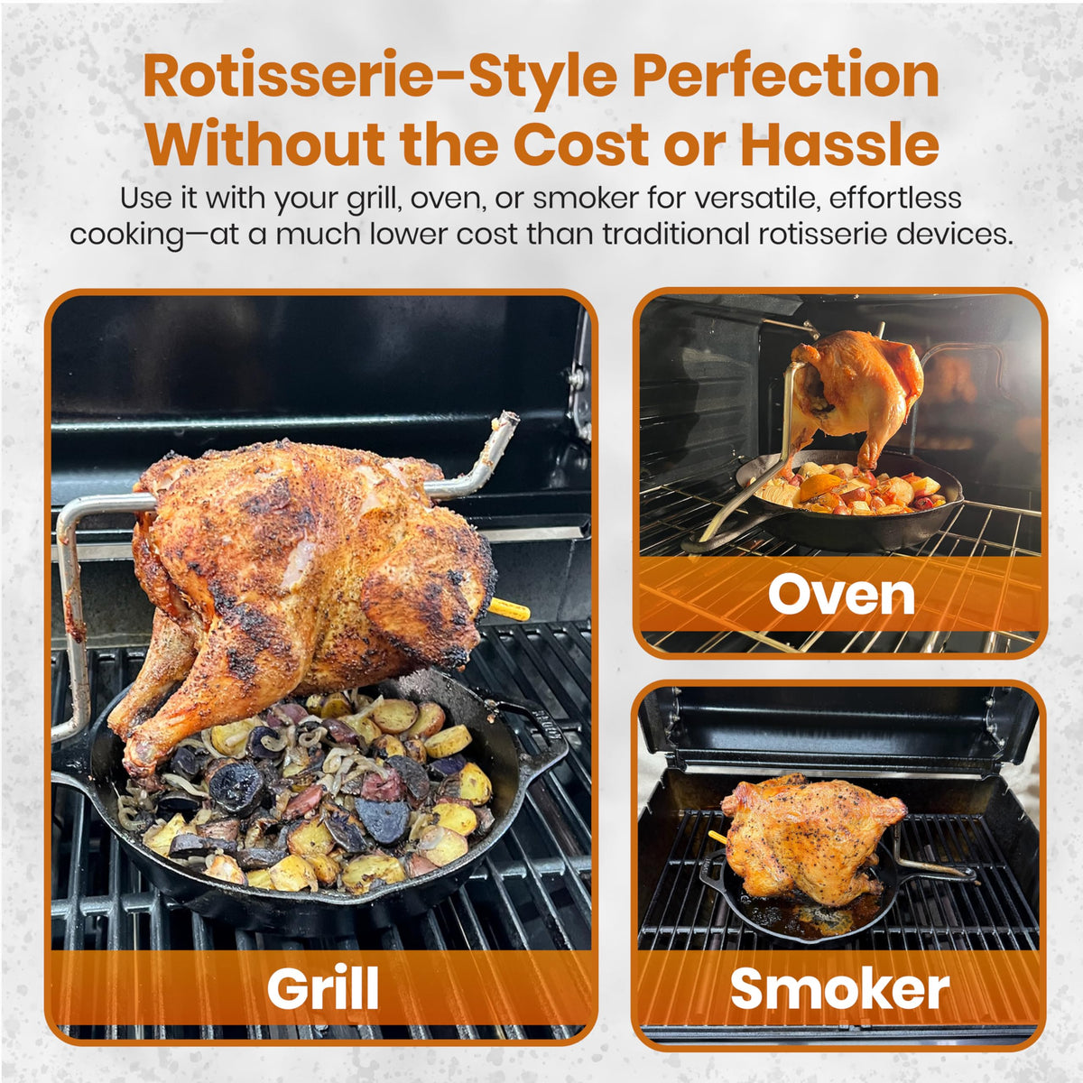 PoulTree compatible with Lodge cast iron skillets for a complete roasting setup.