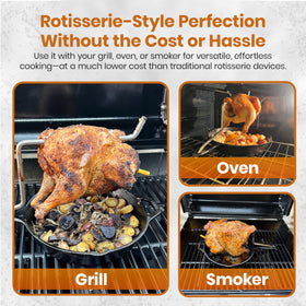 PoulTree compatible with Lodge cast iron skillets for a complete roasting setup.