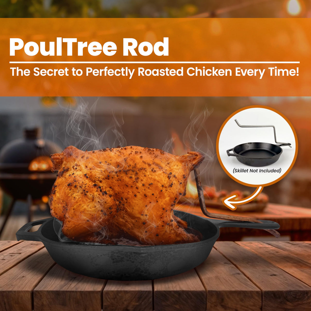 PoulTree rod mounted on a whole chicken delivers rotisserie-style results without spinning.