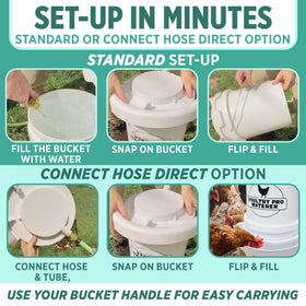 Poultry Pro Waterer fits all standard 5-gallon buckets with leak-free connection