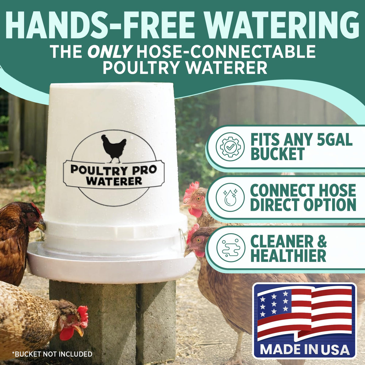 Poultry Pro Waterer connects to garden hose for hands-free filling