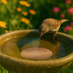 POUMEE bird bath disk helps slow buildup when paired with a freshly cleaned bowl.