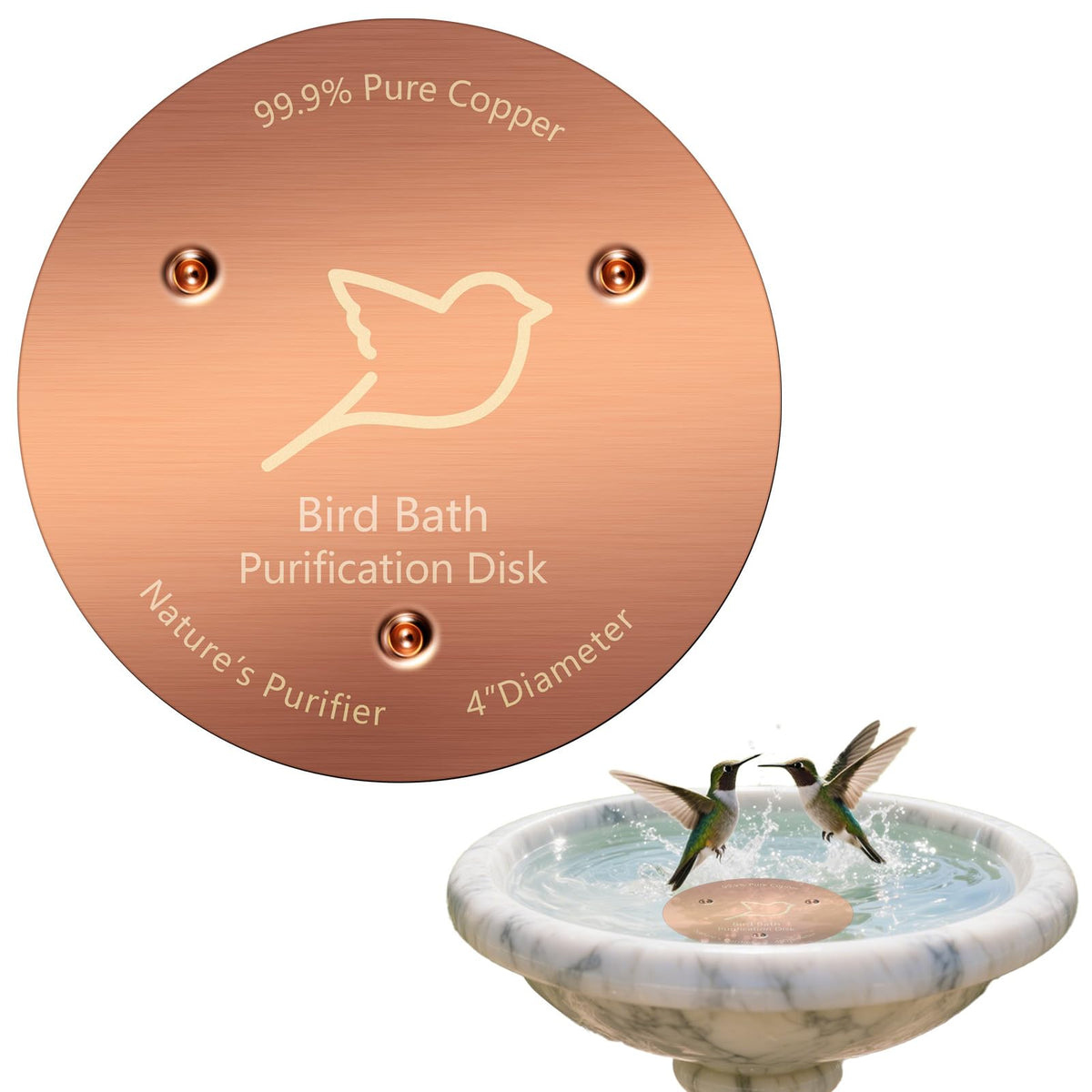POUMEE bird bath copper disk flat on bowl promotes cleaner water with less maintenance.