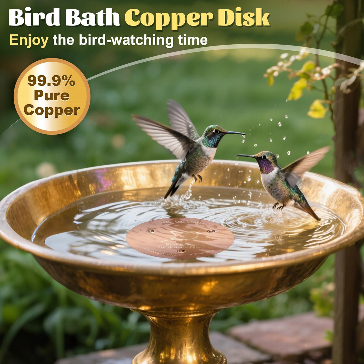 POUMEE bird bath copper disk submerged for natural patina and clearer water over time.