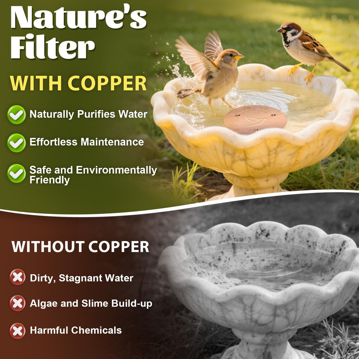 POUMEE bird bath copper disk triple-point support keeps disk stable during use.