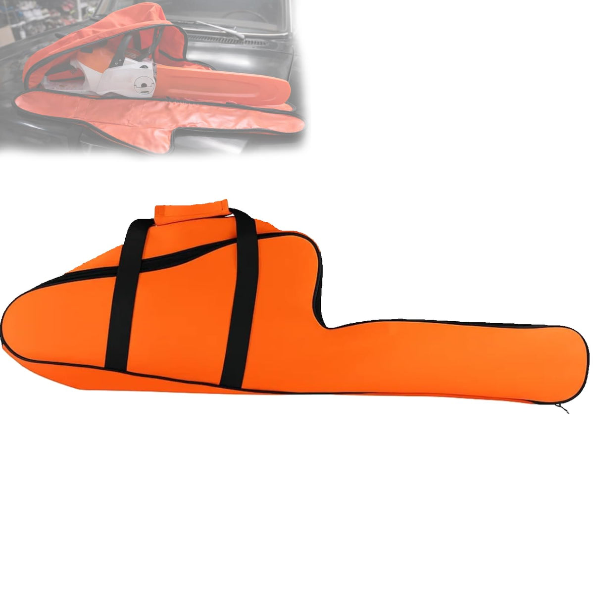 Poweka chainsaw bag front view; waterproof exterior protects tools.