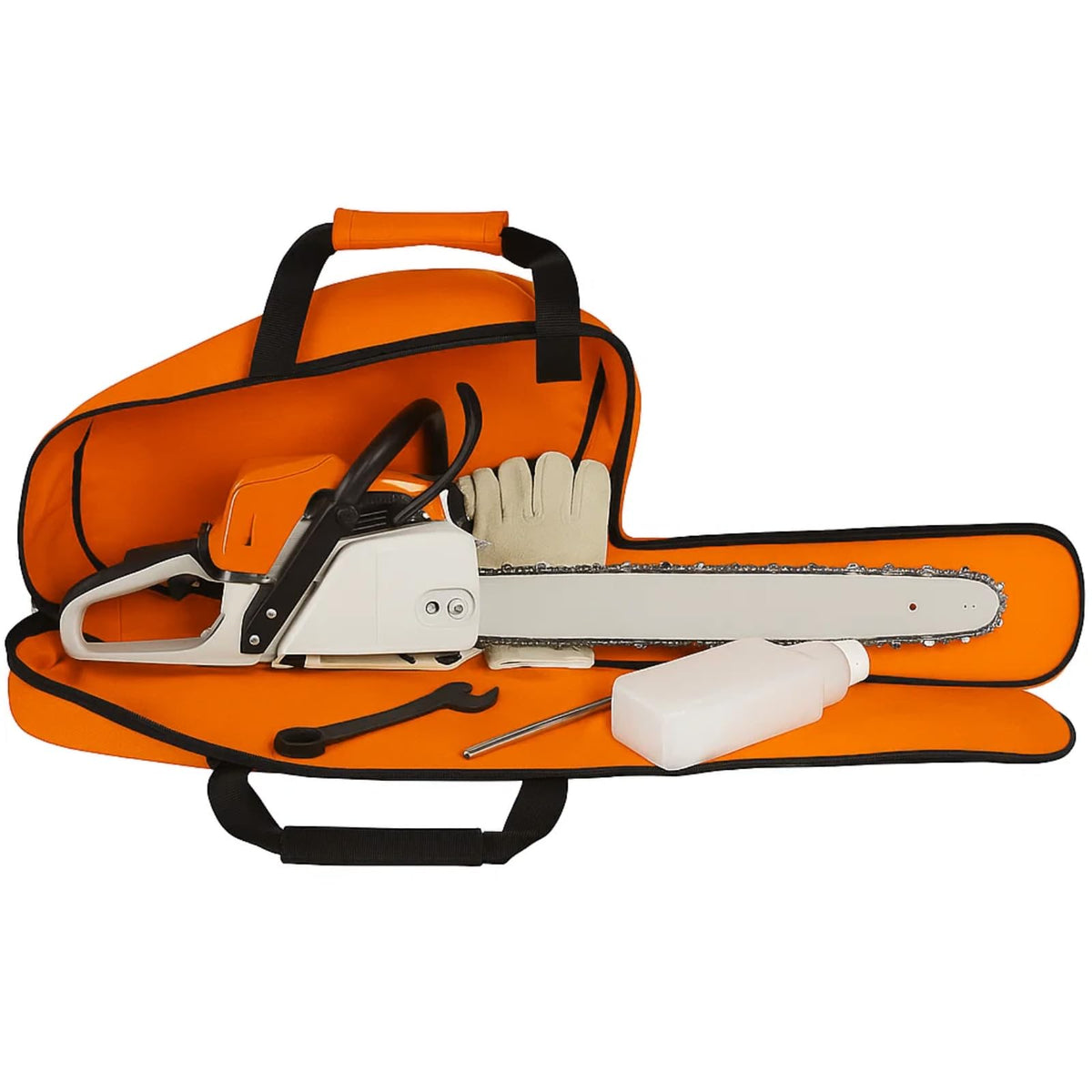 Poweka chainsaw bag 600D fabric; durable, tear-resistant for outdoor use.