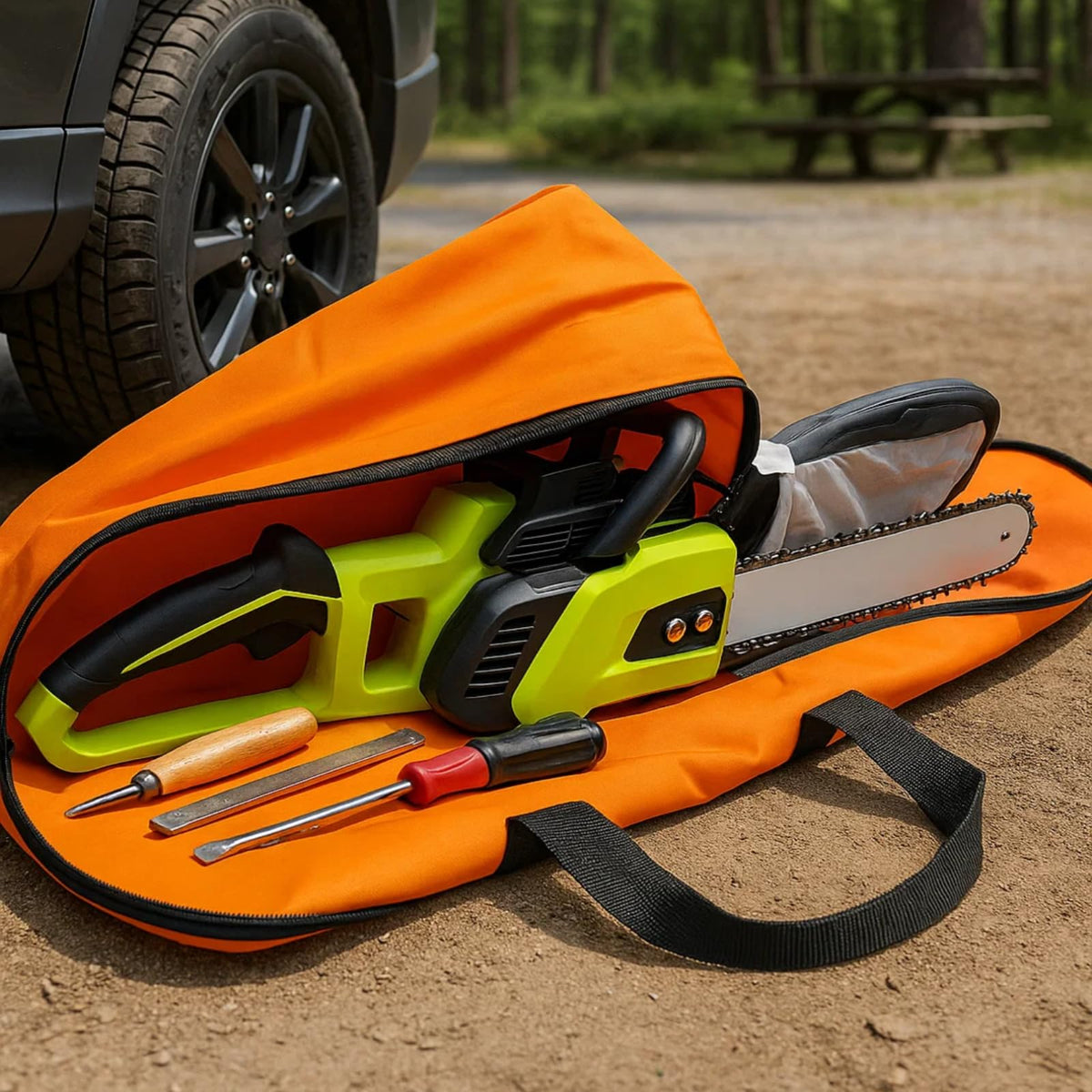 Poweka chainsaw bag side strap; reinforced handles ease transport.