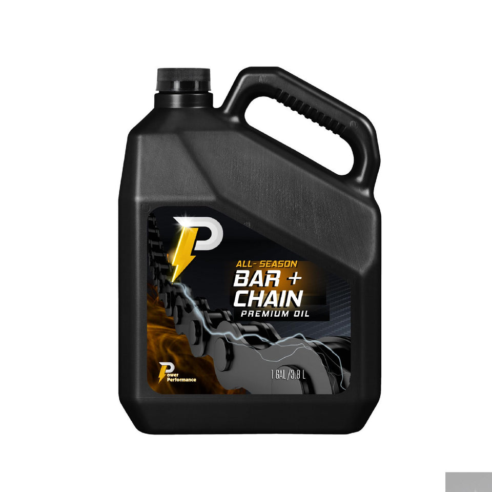 Power Performance all-season bar and chain oil gallon bottle ready for quick lubrication.