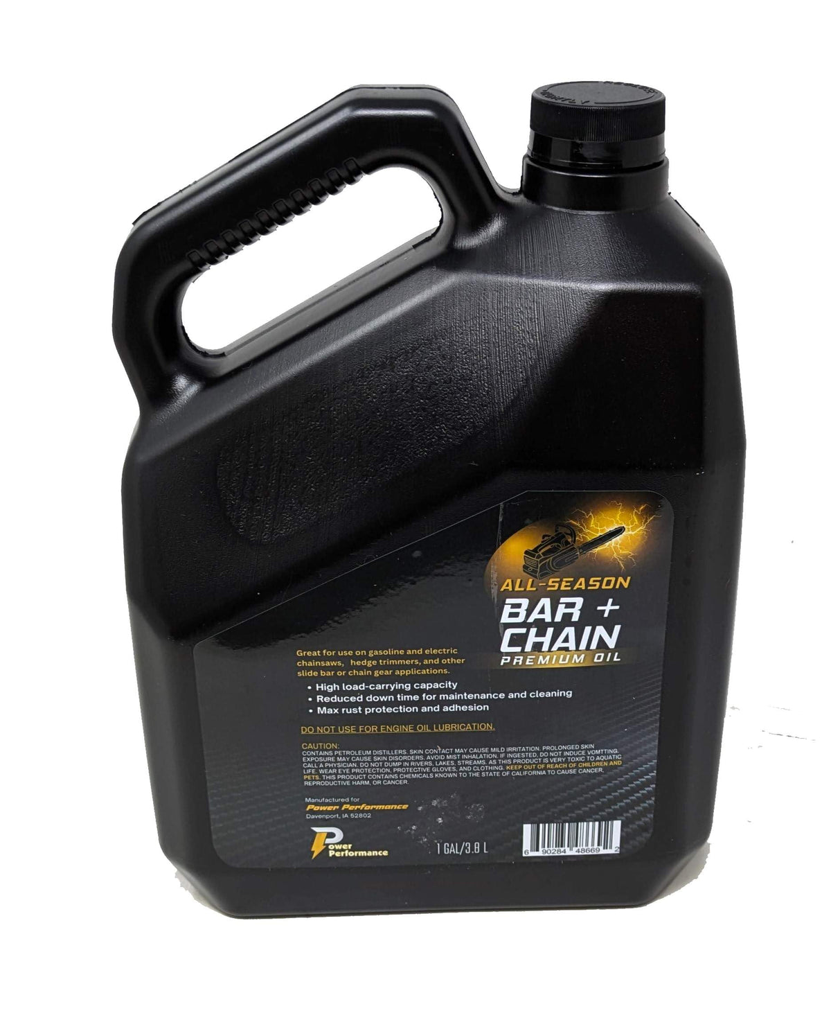 Power Performance all-season oil label close-up showing long-lasting lubrication benefits.